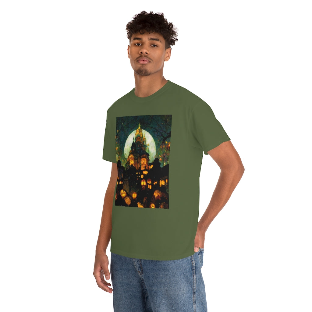 street-level_view_of_halloween_town_at_night_by_alphonse_mucha - Unisex Heavy Cotton Tee