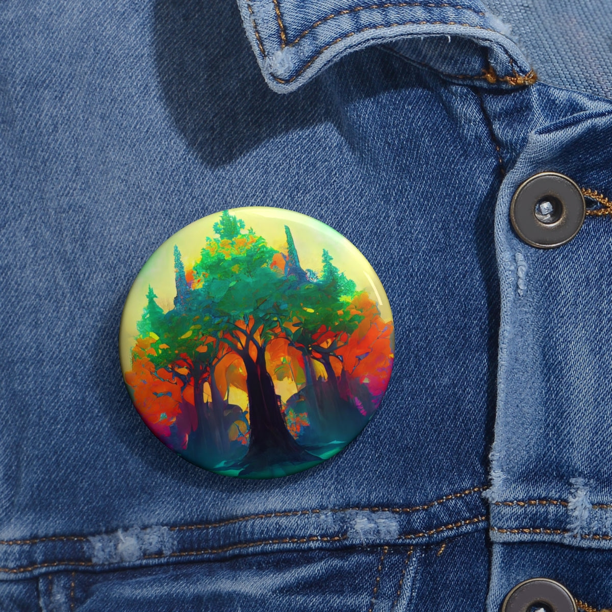 Pin Buttons - psychedelic forest of colored daylight through the stained glass leaves trees of ancient towering trees, giant tree, light, highly detailed, immersive, volumetric light