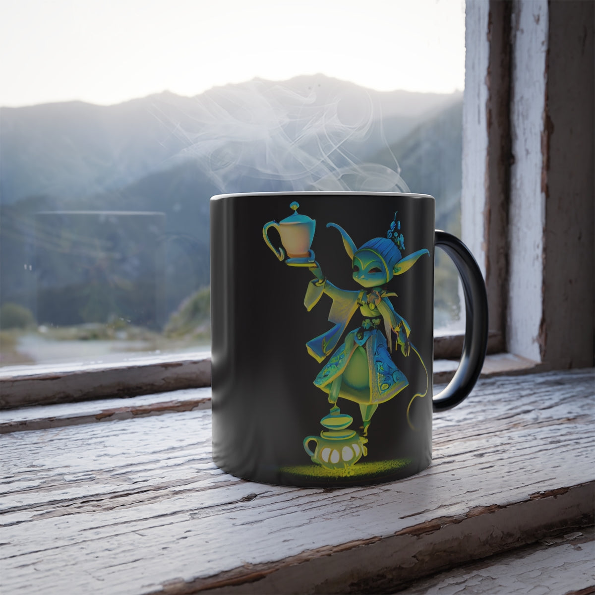 product shot of a super cute warhammer tea faerie, wearing a light dress, brandishing a teapot - Color Morphing Mug, 11oz