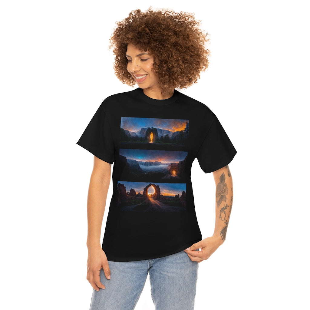 wide_angle_photo_of_a_magical_portal_in_(yosemite_valley, the_grand_canyon, arches_national_park) - Unisex Heavy Cotton Tee