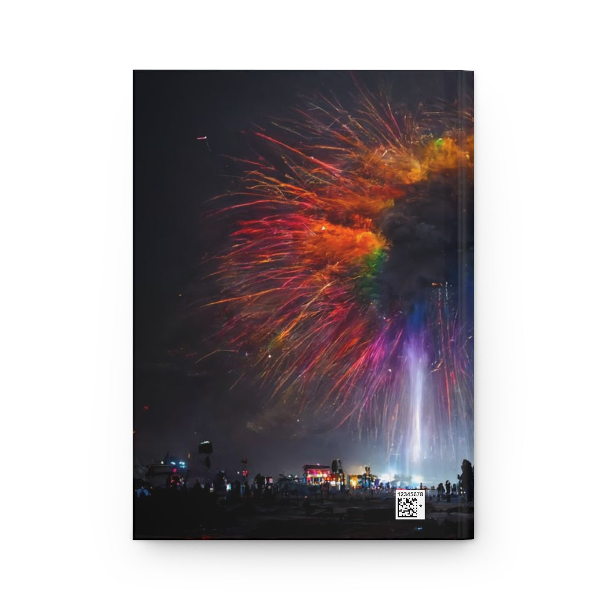 giant rainbow fireworks exploding in the sky, black rock city in the background, lasers and lights illuminating dust, last star in an early morning sky, crowds of people dancing below - Hardcover Journal Matte