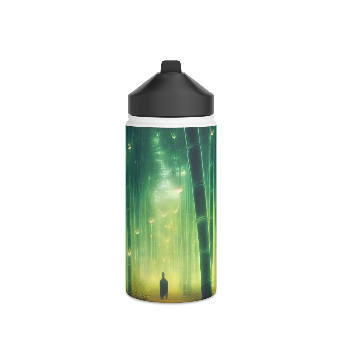 Stainless Steel Water Bottle, Standard Lid - psychedelic bamboo grove, causeway, fireflies, fantasy, intricate detail, illusion, mist, beautiful, hyper-realistic, breathtaking, ghostly figure, majestic, magic colour palette, low angle, unreal engine