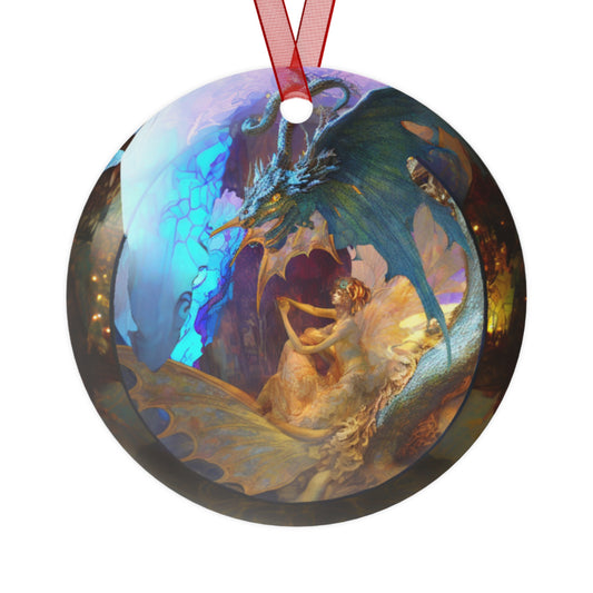 The Teafaerie: a transparent spherical glass christmas ornament designed by alphonse mucha and maxfield parrish. art nouveau. Highly detailed and elaborately ornate. An intricately rendered dragon with translucent diaphanous wings inside. Metal Ornament