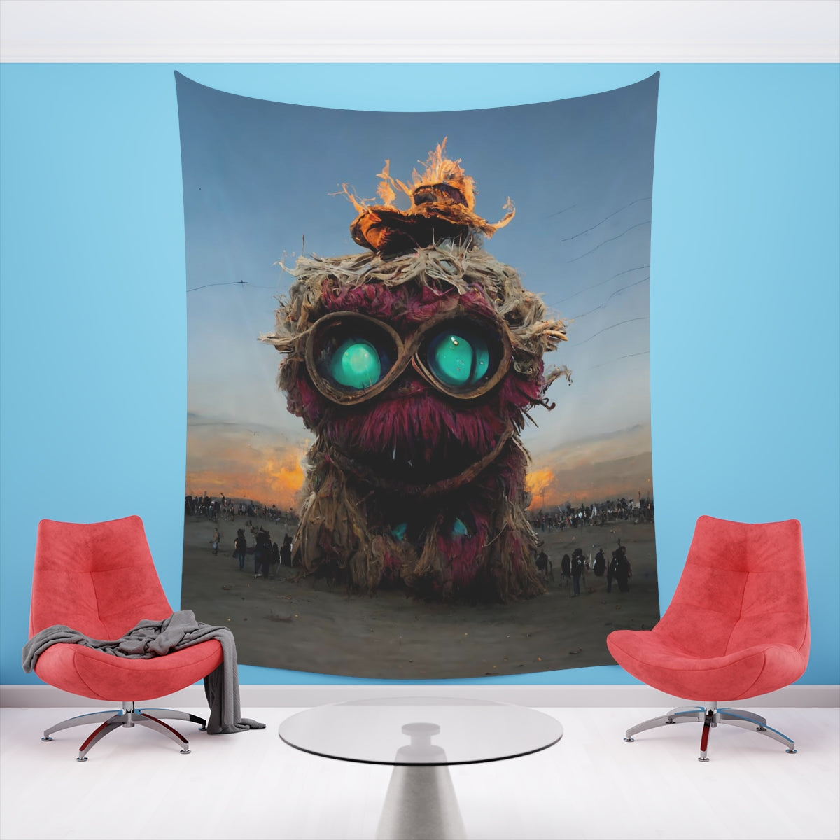 giant muppet monster rampaging at burning man - Indoor Wall Tapestries