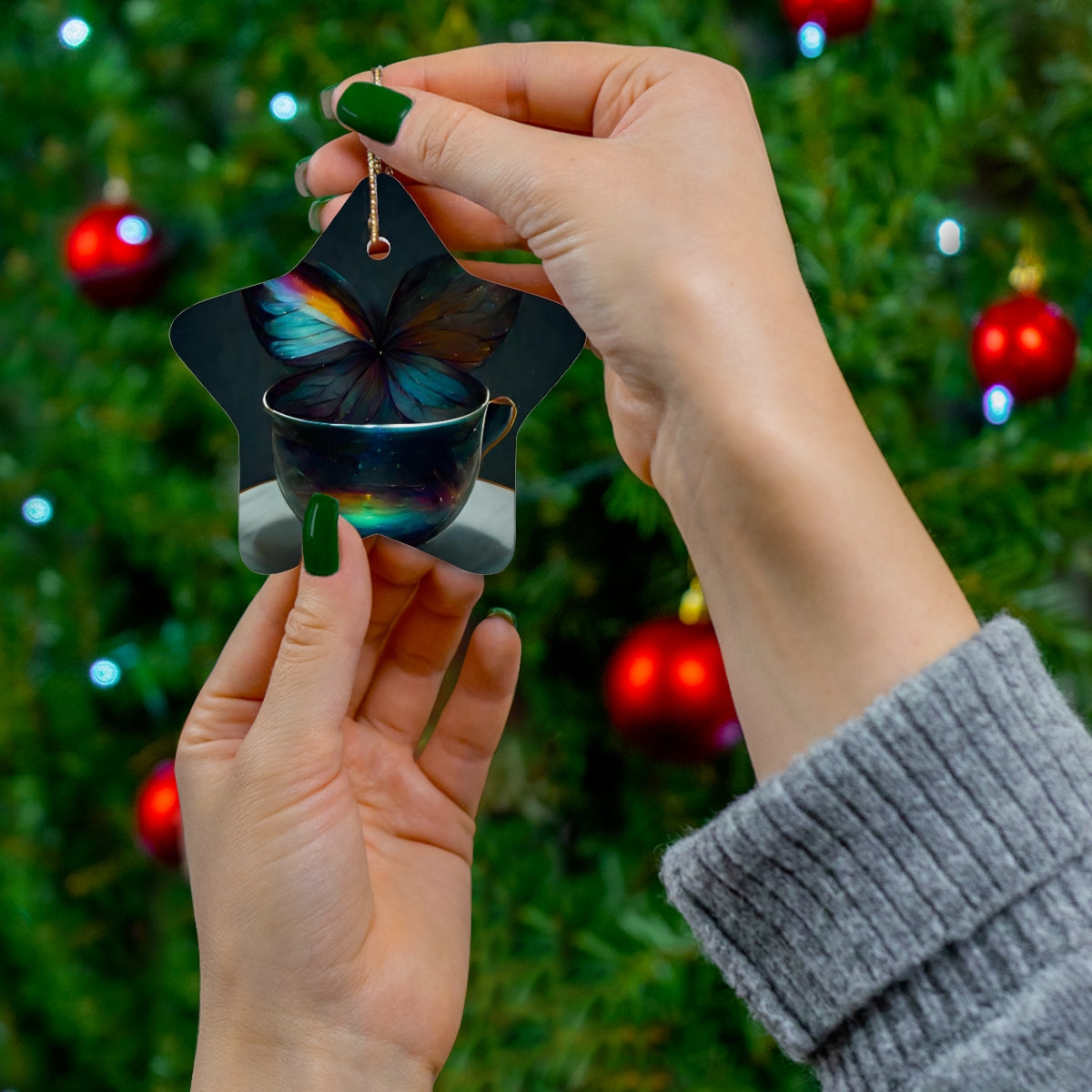 an iridescent teacup with rainbow butterfly wings behind it - Ceramic Ornament, 4 Shapes