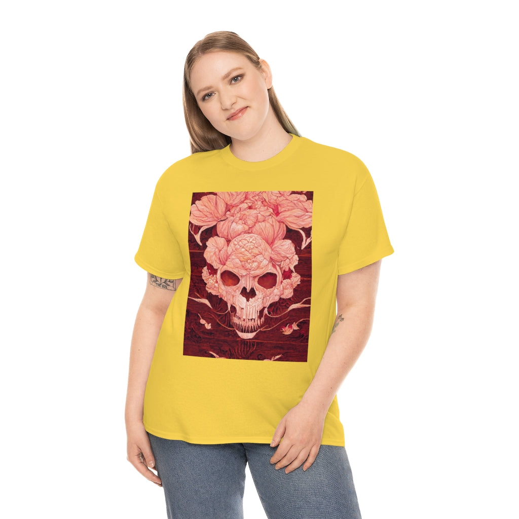 tiling pattern on wood panel of small skulls and vivid roses, gouache illustration - Unisex Heavy Cotton Tee