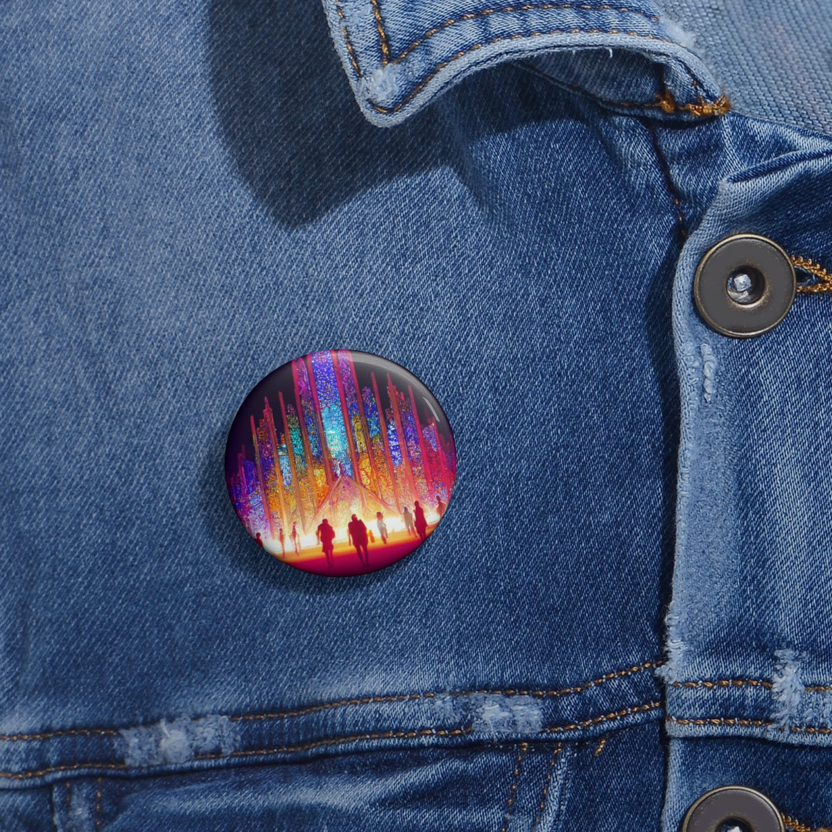 Pin Buttons - stained glass cathedral at burning man at night