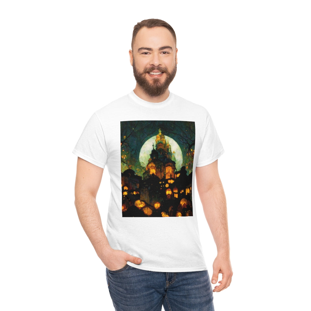 street-level_view_of_halloween_town_at_night_by_alphonse_mucha - Unisex Heavy Cotton Tee