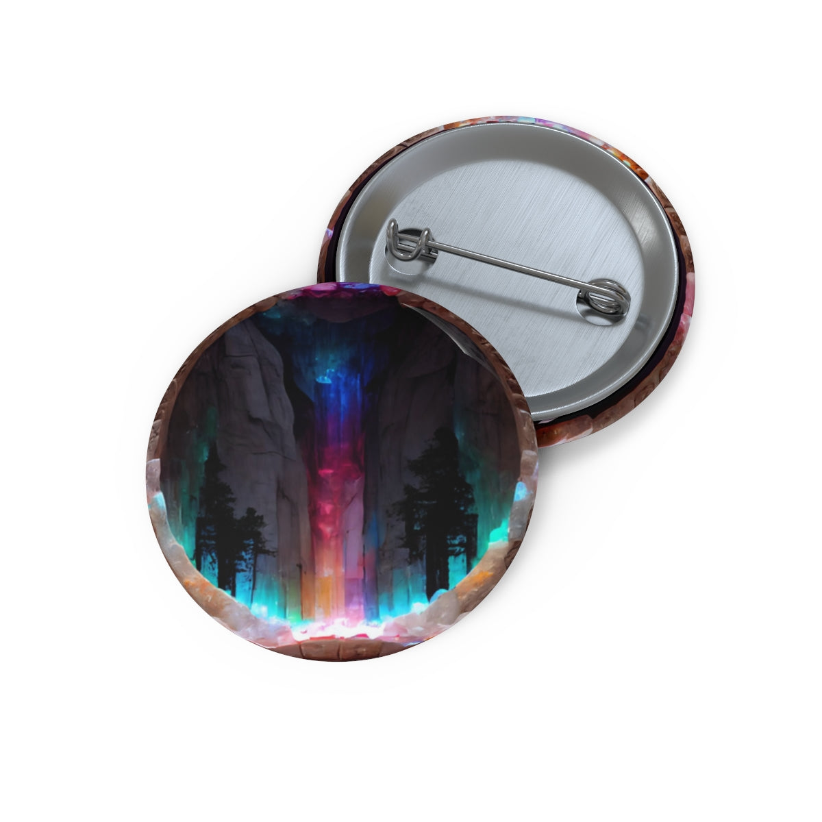 Pin Buttons - psychedelic portal to yosemite made of gemstones and glowing runes