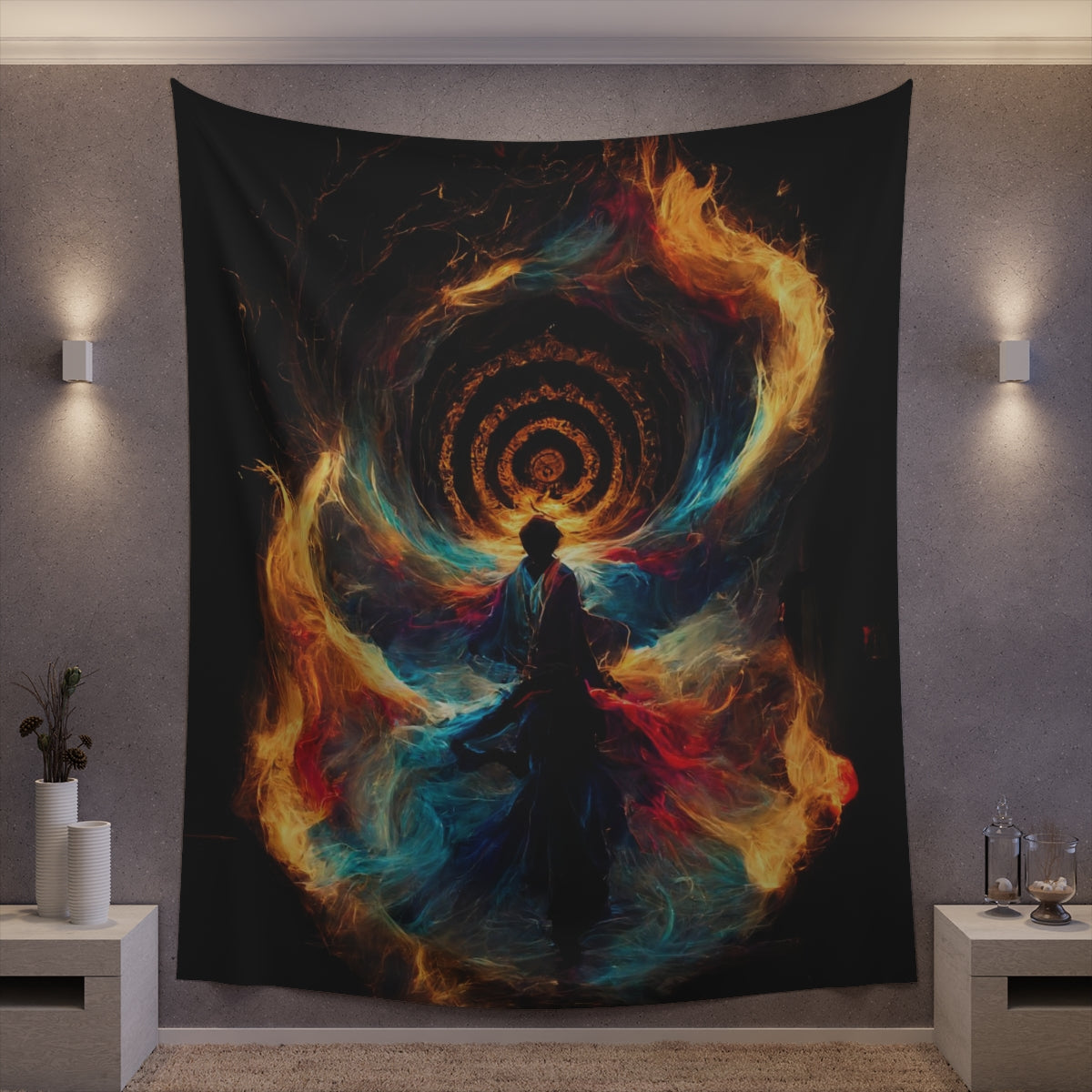 god of psychedelics dancing in a vortex made of fire - Indoor Wall Tapestries