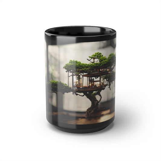 Bonsai Treehouse, Black Mug, 15oz