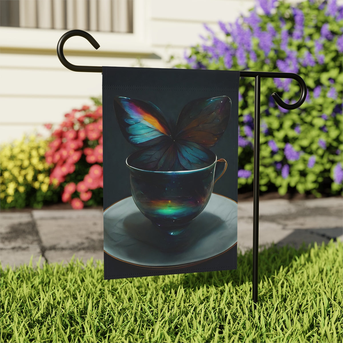 an iridescent teacup with rainbow butterfly wings behind it