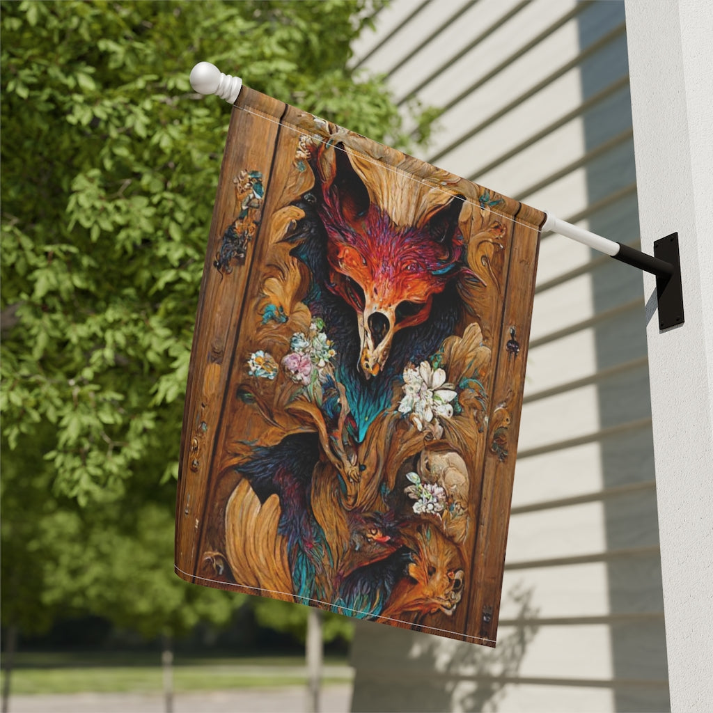 intricate colourfully painted carved wood paneling, fox and ravens, flowerpunk mythology, many hues, artstation - Garden & House Banner