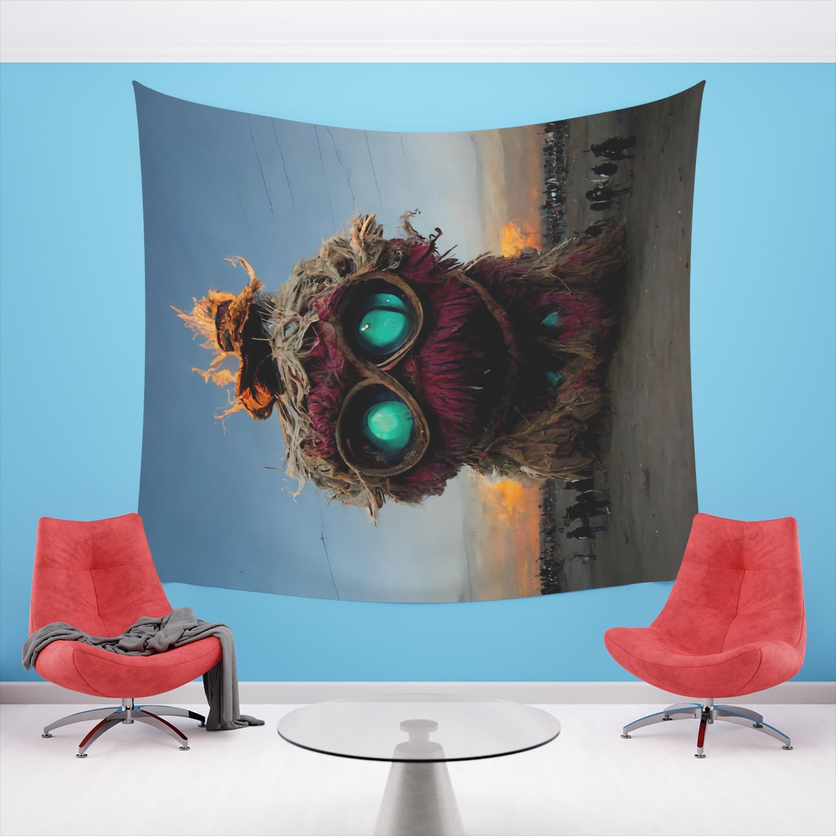 giant muppet monster rampaging at burning man - Indoor Wall Tapestries