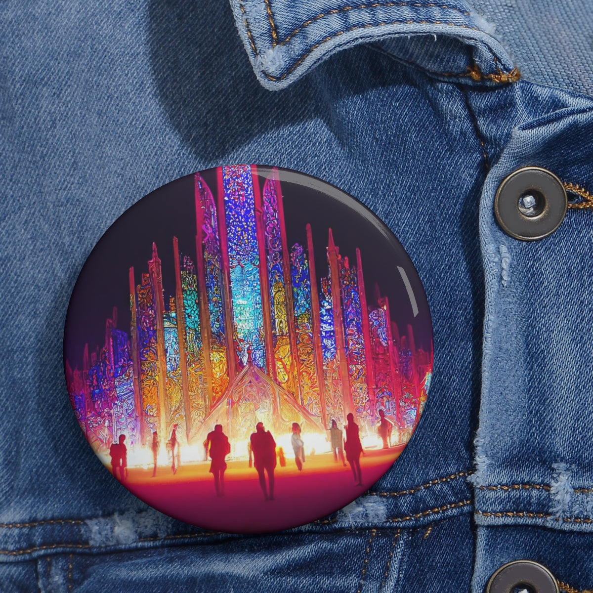 Pin Buttons - stained glass cathedral at burning man at night