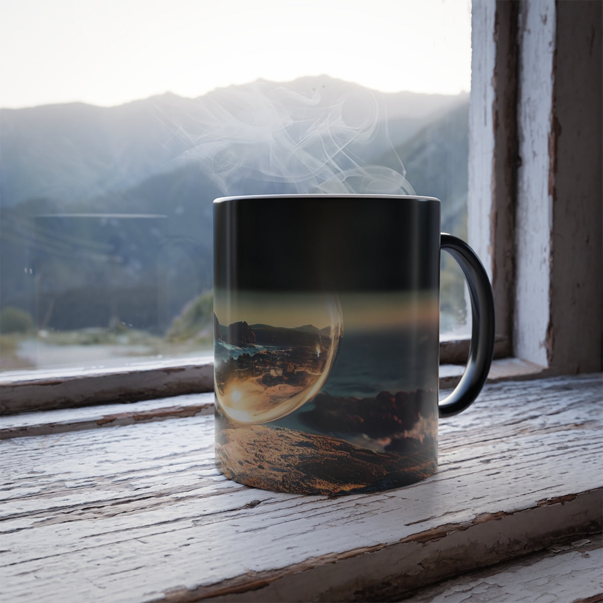 clear spherical bubble houses, set perfectly on top of a rocky shore, beautiful ocean coast -  Color Morphing Mug, 11oz