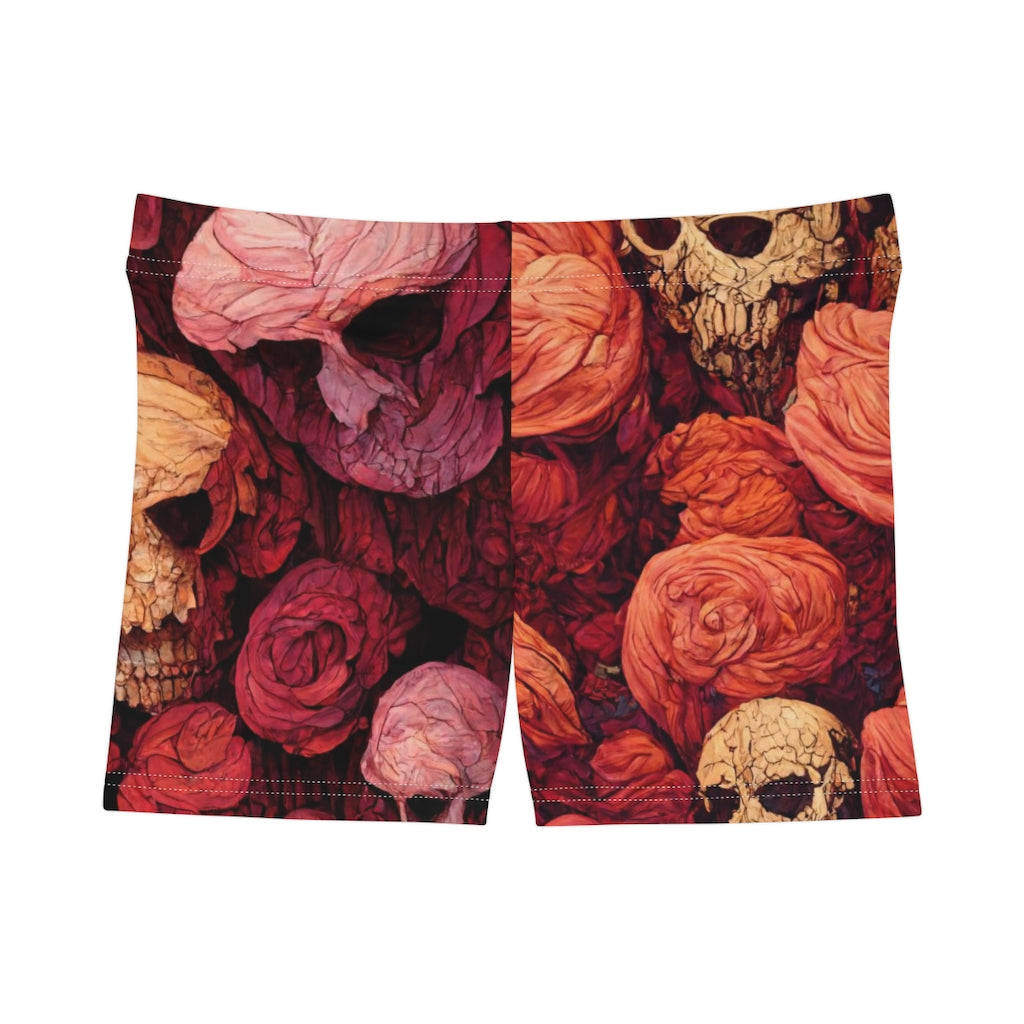 tiling pattern on wood panel of large skulls and vivid roses, gouache illustration - Women's Shorts (AOP)