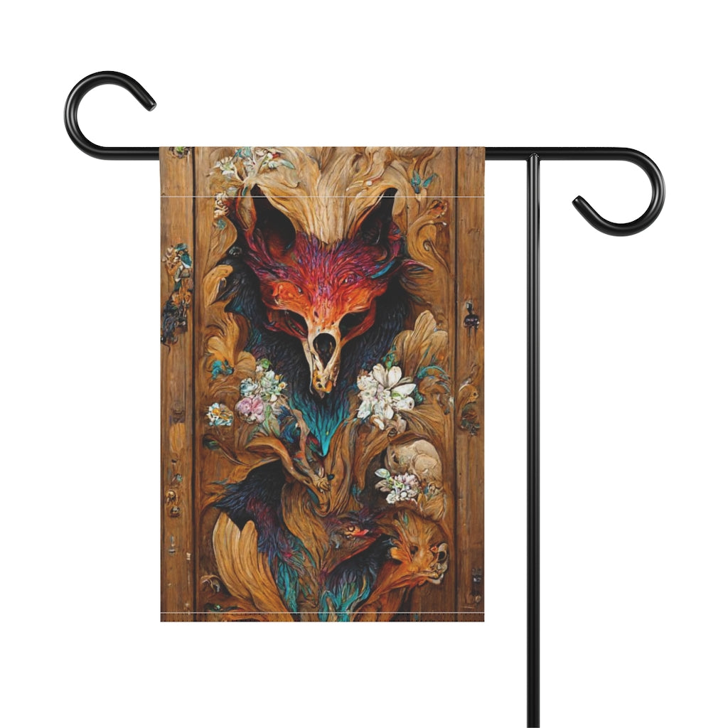 intricate colourfully painted carved wood paneling, fox and ravens, flowerpunk mythology, many hues, artstation - Garden & House Banner