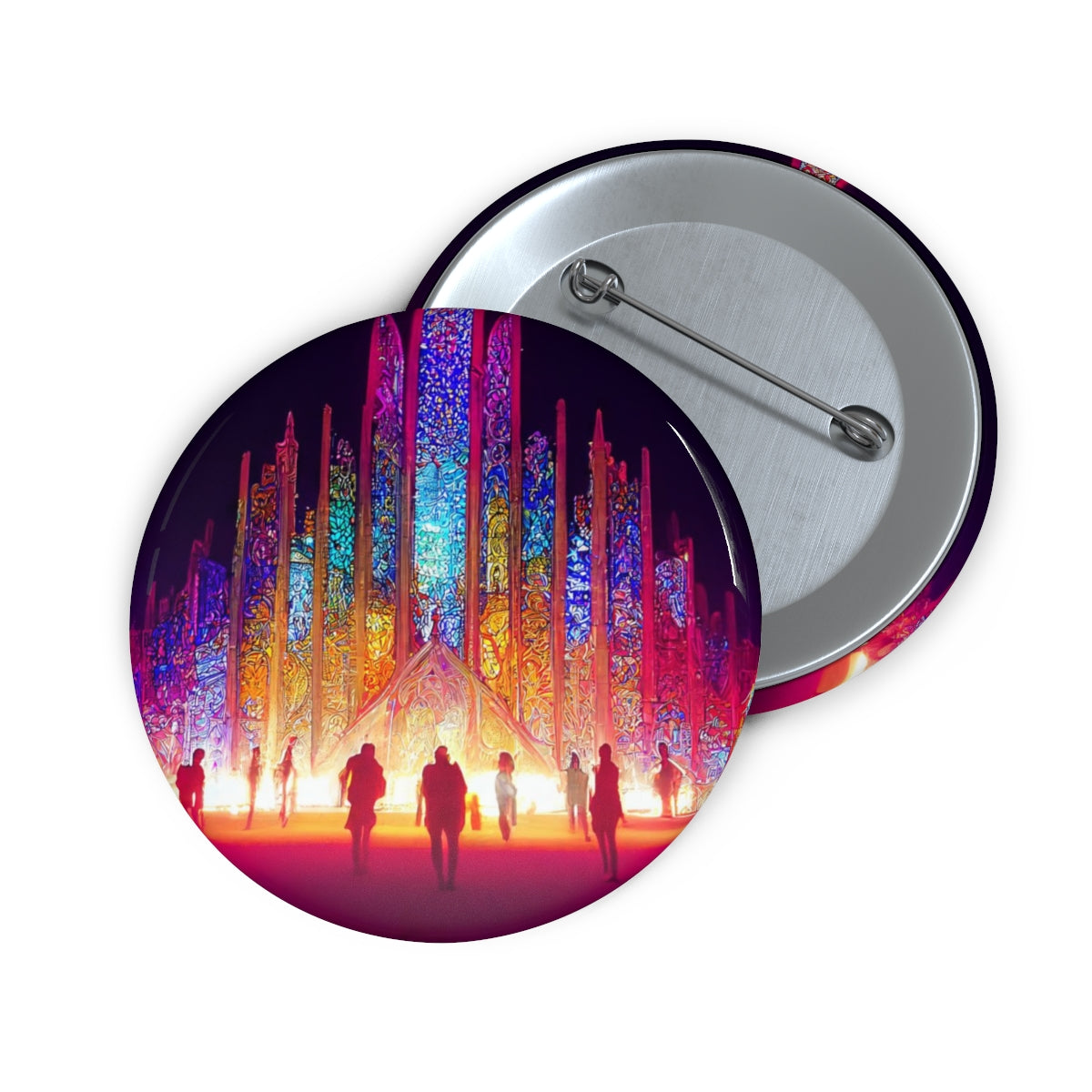 Pin Buttons - stained glass cathedral at burning man at night