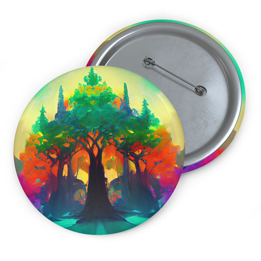 Pin Buttons - psychedelic forest of colored daylight through the stained glass leaves trees of ancient towering trees, giant tree, light, highly detailed, immersive, volumetric light