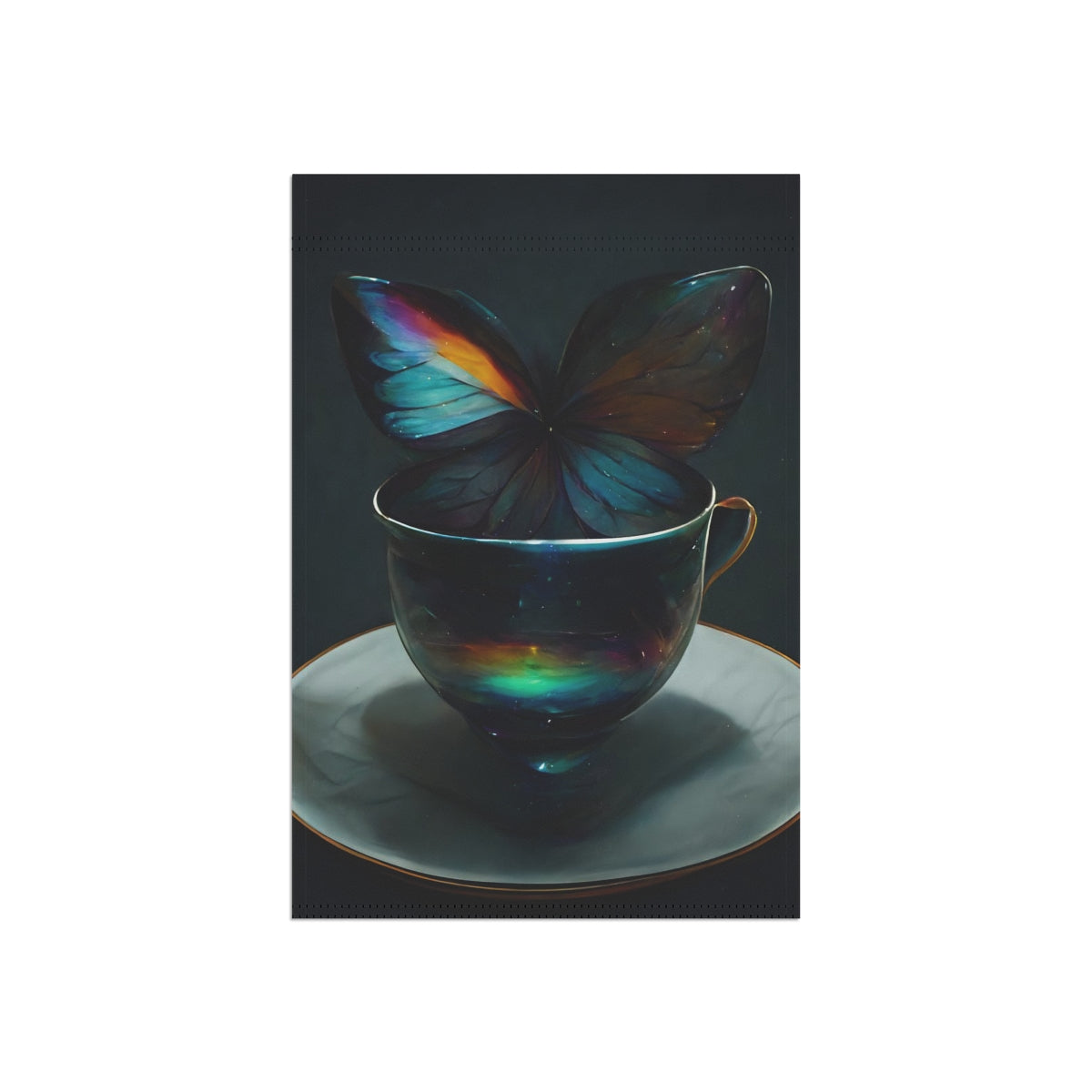 an iridescent teacup with rainbow butterfly wings behind it