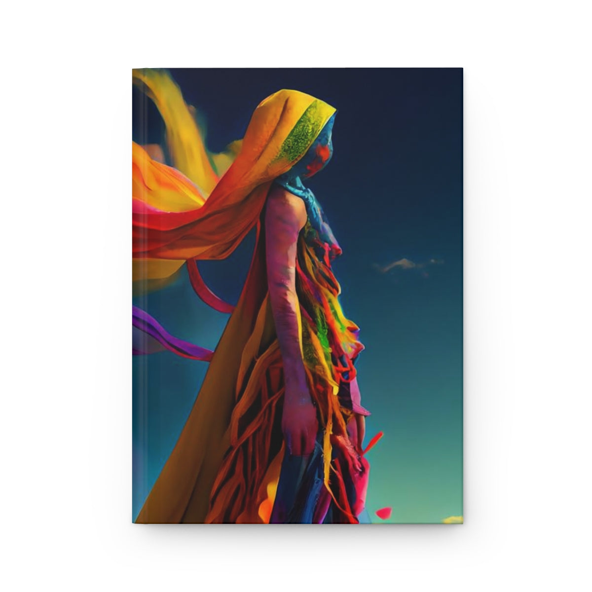 woman noble feminine, full body, made of colorful holi colored, fabric ribbons, in a storm,in the desert,burning man - Hardcover Journal Matte