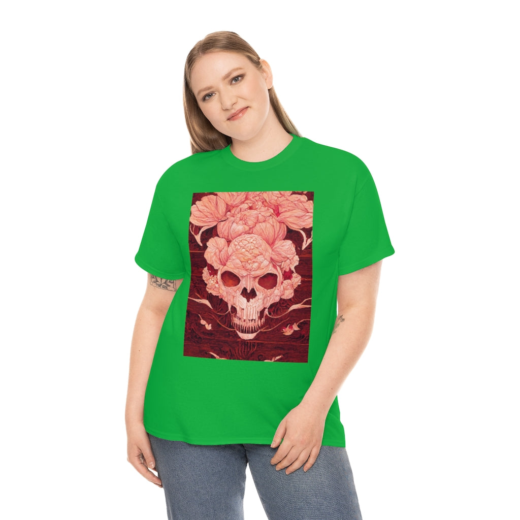 tiling pattern on wood panel of small skulls and vivid roses, gouache illustration - Unisex Heavy Cotton Tee