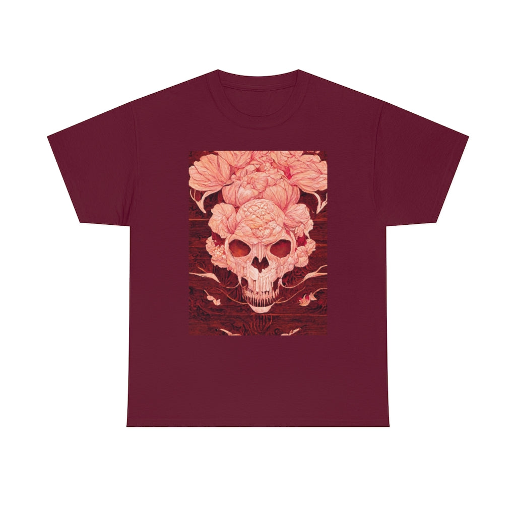 tiling pattern on wood panel of small skulls and vivid roses, gouache illustration - Unisex Heavy Cotton Tee