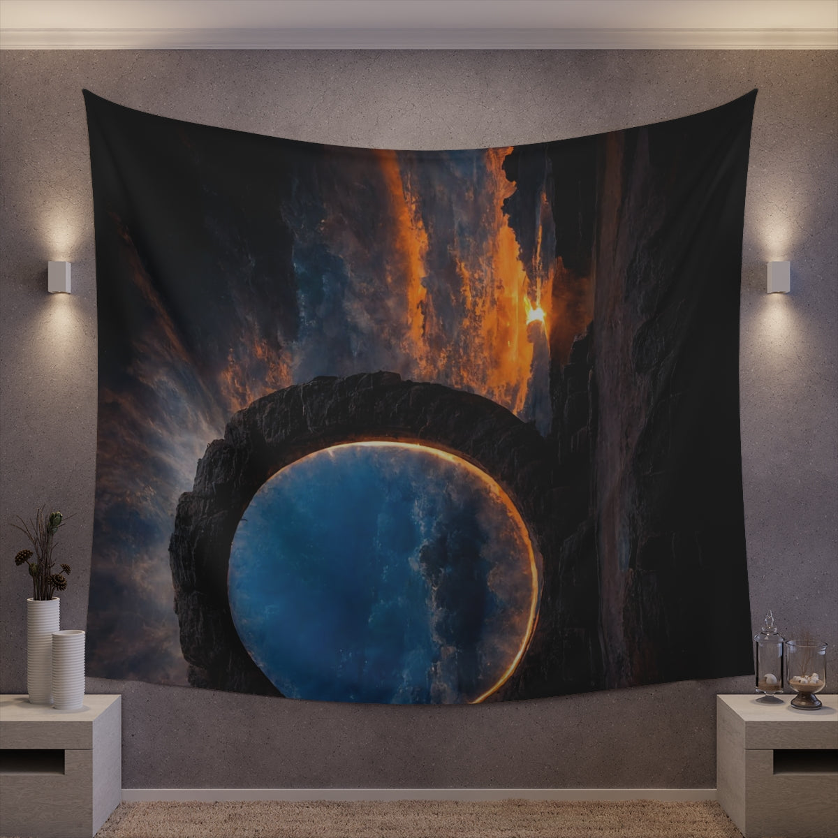 sunset stargate made of stone that form a circle - Indoor Wall Tapestries