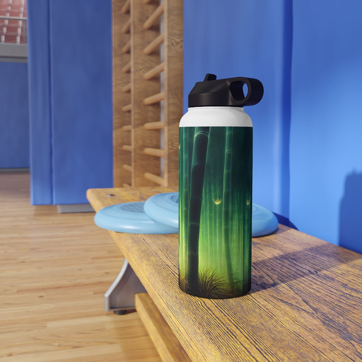 Stainless Steel Water Bottle, Standard Lid - psychedelic bamboo grove, causeway, fireflies, fantasy, intricate detail, illusion, mist, beautiful, hyper-realistic, breathtaking, ghostly figure, majestic, magic colour palette, low angle, unreal engine