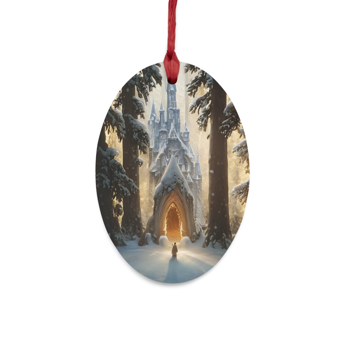 Wooden Ornament - elvish castle in winter forest with massive trees and extremely intricate white structures