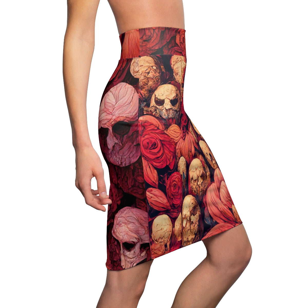 tiling pattern on wood panel of large skulls and vivid roses, gouache illustration - Women's Pencil Skirt