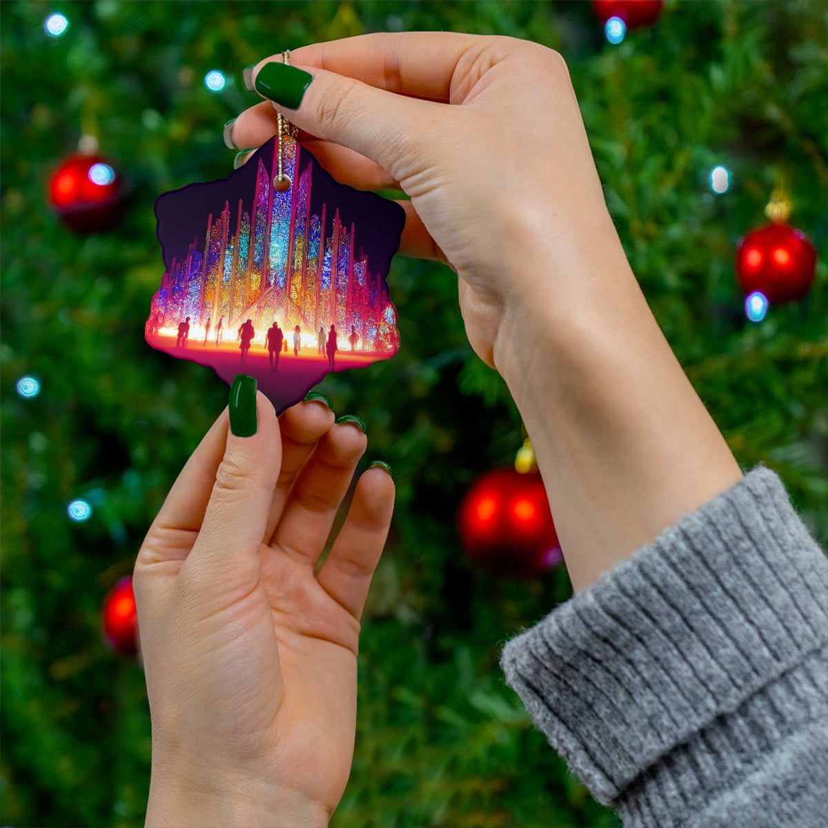 stained glass cathedral at burning man at night - Ceramic Ornament, 4 Shapes