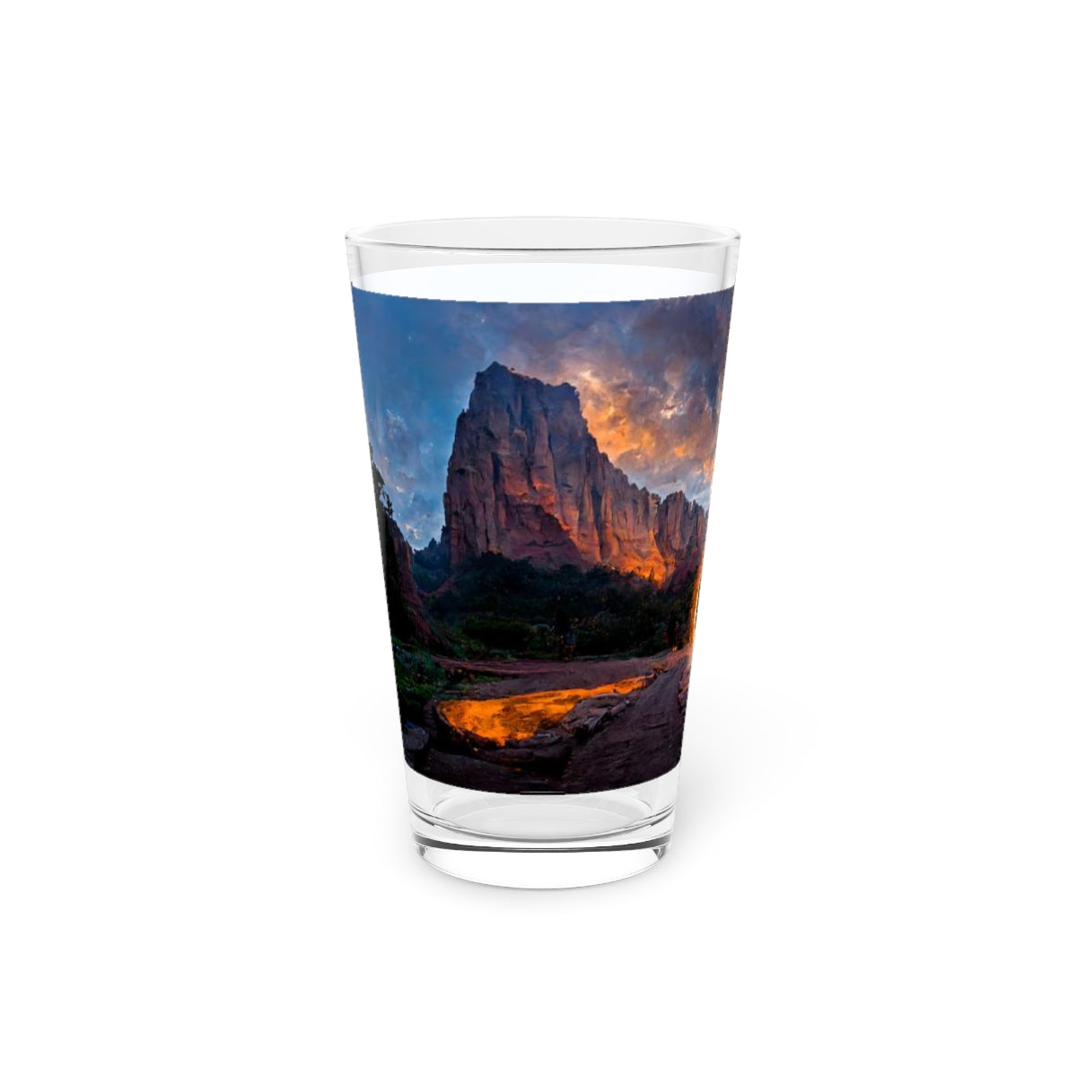 Pint Glass, 16oz - wide angle photo of a magical portal in zion national park at sunset, realistic, cinematic, quite awe-inspiring