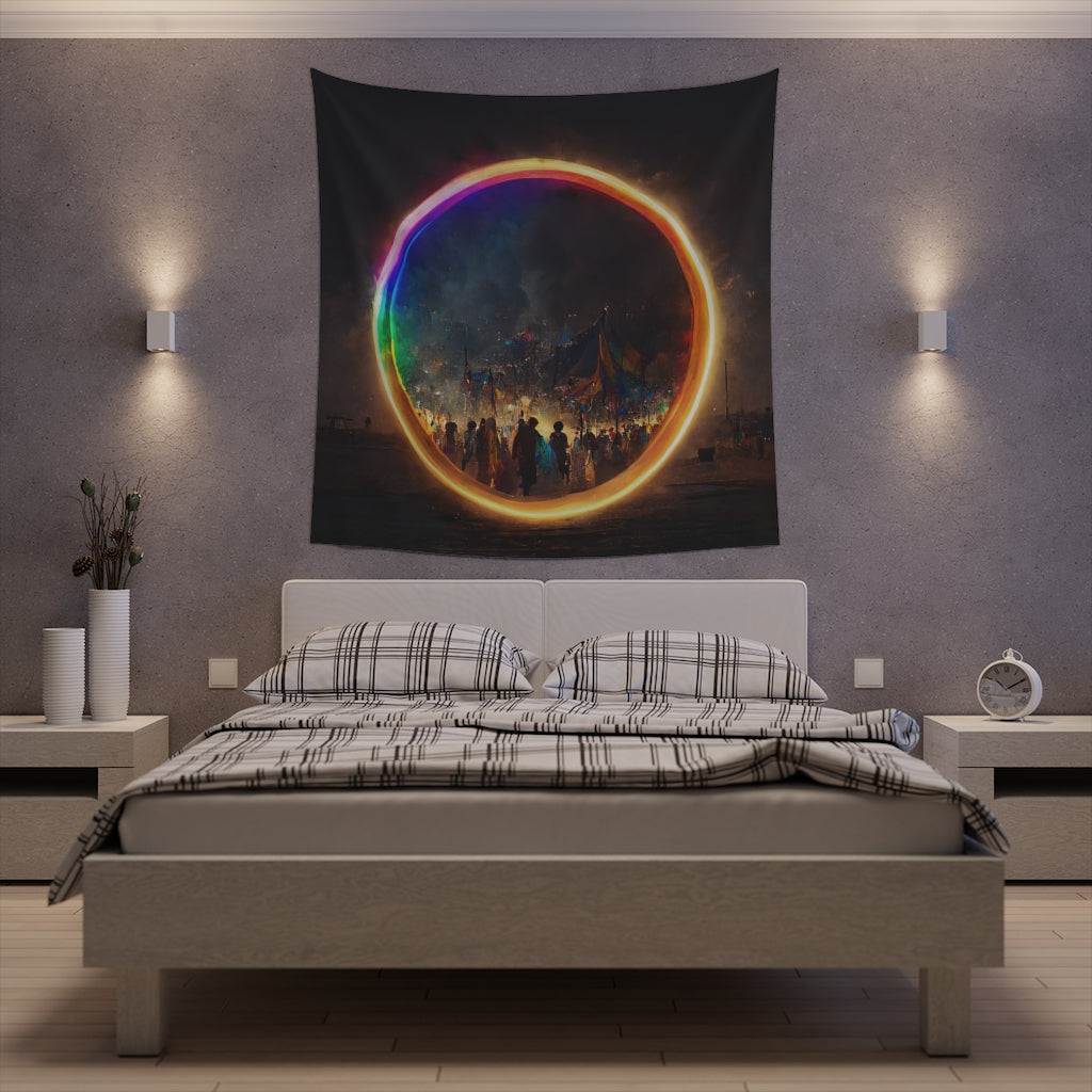 a bright rainbow circle of magic at burning man, cinematic - Printed Wall Tapestry