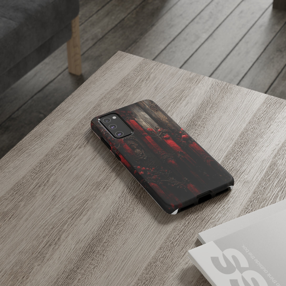 phone case - wall paper texture of red and black gothic painting octane rendering cinematic wooden detailed design frame