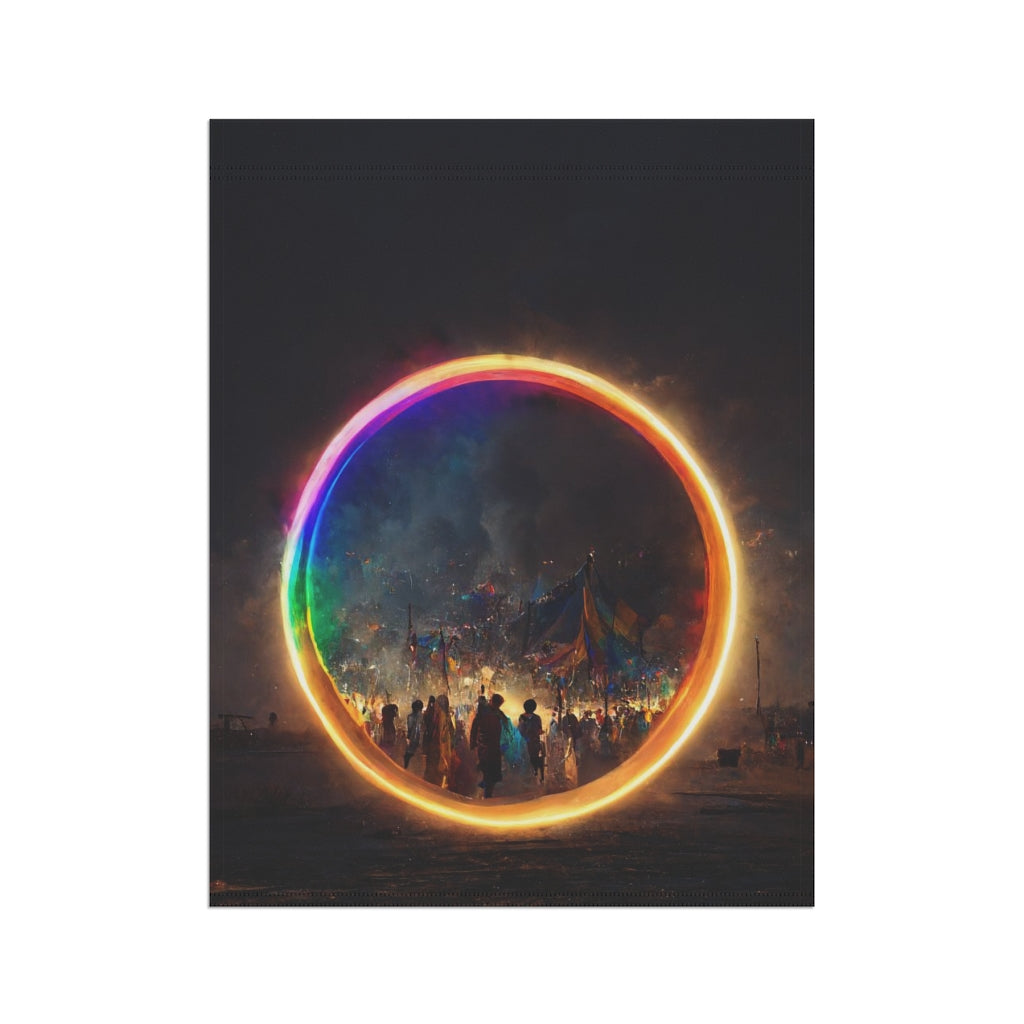 a bright rainbow circle of magic at burning man, cinematic - Garden & House Banner