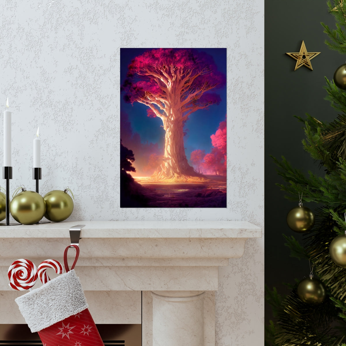 Premium Matte vertical posters - gate to a psychedelic realm, giant tree, light, highly detailed, immersive, volumetric light, detailed concept art