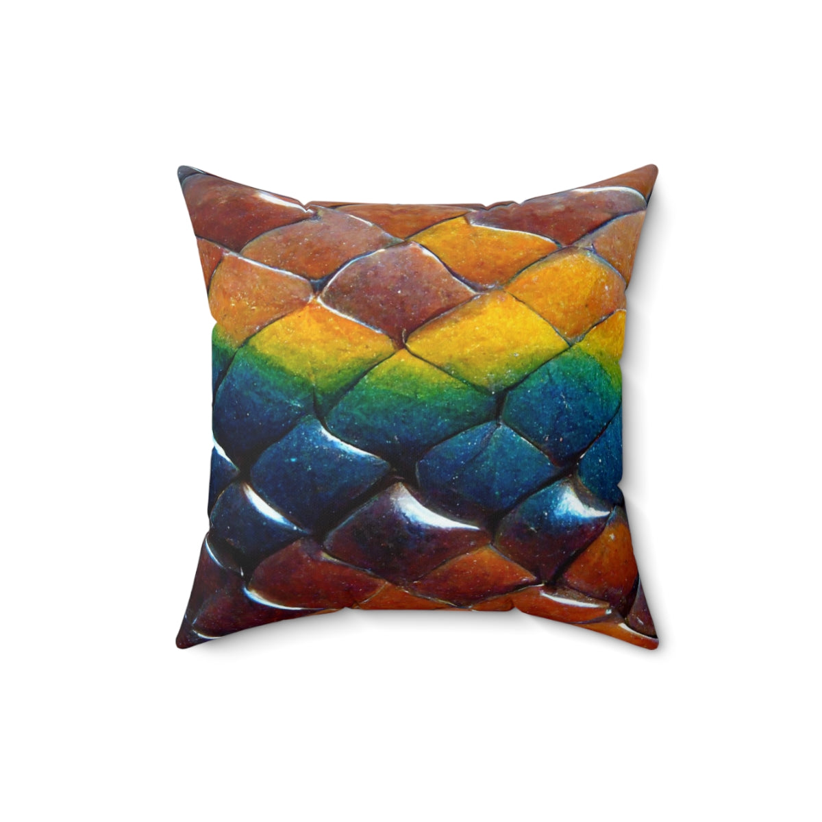 Spun Polyester Square Pillow - a tiling pattern of rainbow snake scales diamond shape