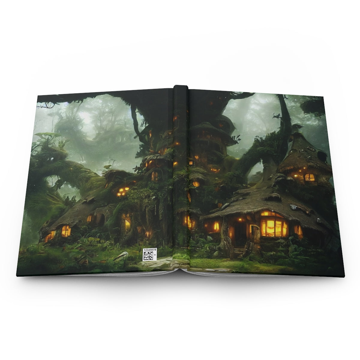 a detailed old overgrown cottage fantasy tree house in a mystical jungle grove with many mushrooms, ancient forest, hanging moss - Hardcover Journal Matte