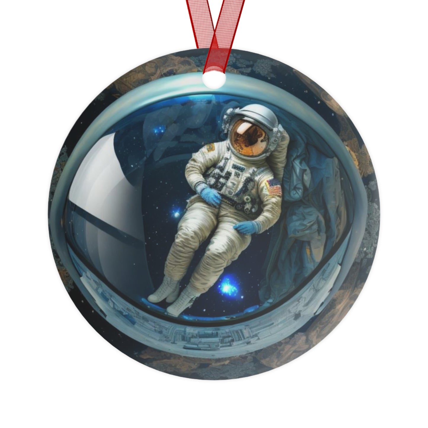 The Teafaerie: transparent spherical glass Christmas bauble with an female astronaut floating inside of it. Metal Ornament