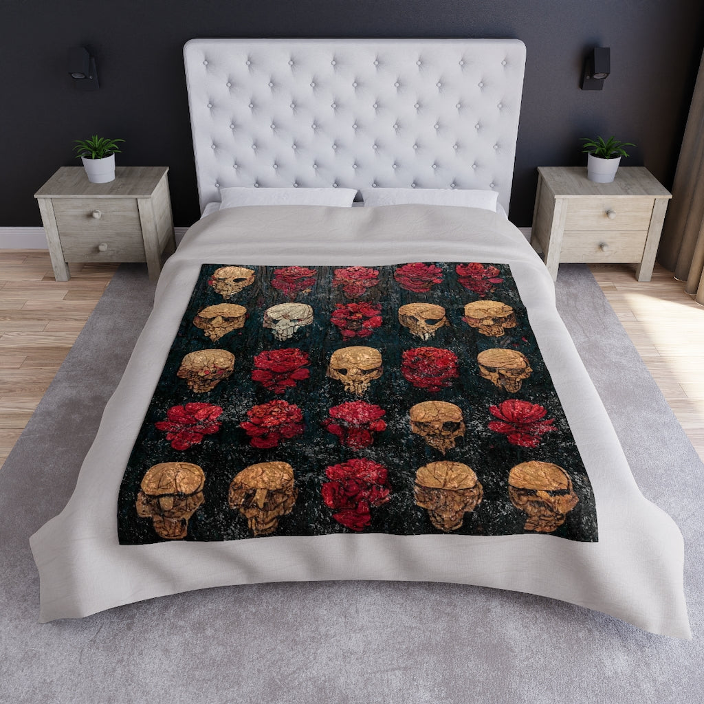 tiling_pattern_on_wood_panel_of_small_skulls_and_vivid_roses - Crushed Velvet Blanket