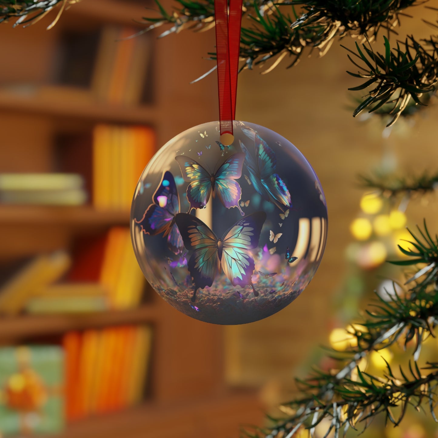 The Teafaerie:  a transparent translucent iridescent somewhat reflective spherical glass christmas bauble covered with iridescent butterflies. Metal Ornament