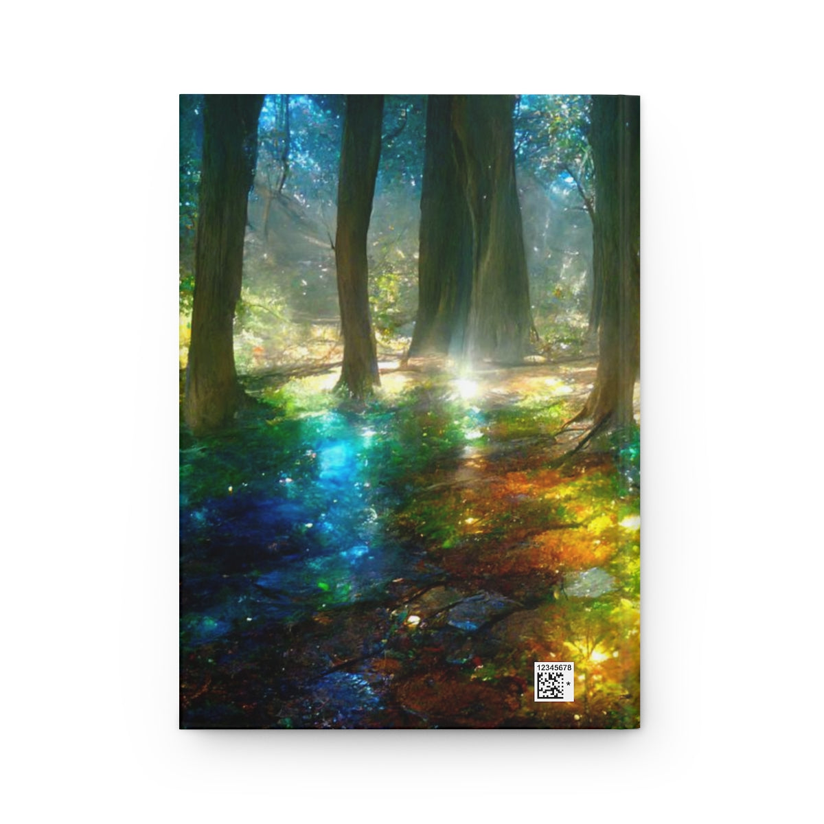 a picture of trees that have mirrors, crystals, and gemstones as leaves, sunlight is dispersed through crystal leaves creating rainbows - Hardcover Journal Matte