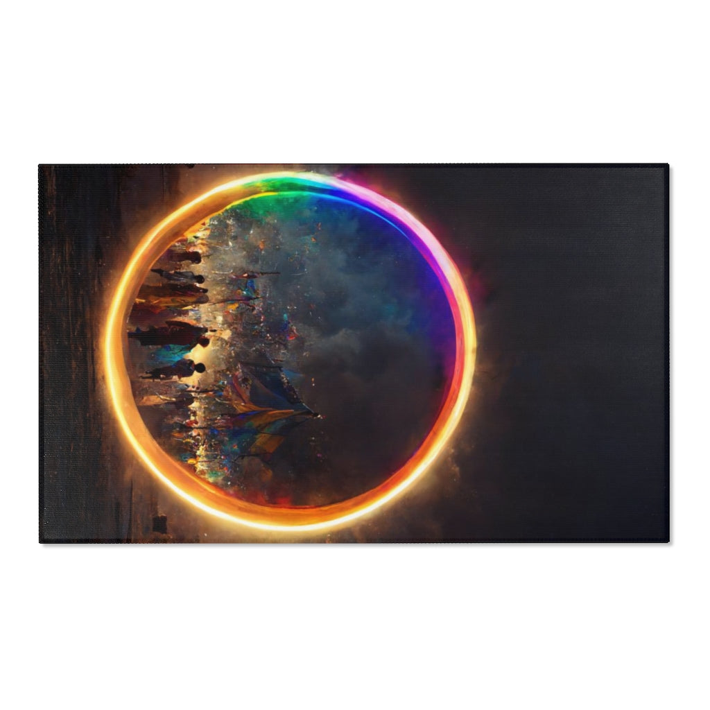 a bright rainbow circle of magic at burning man, cinematic - Area Rugs