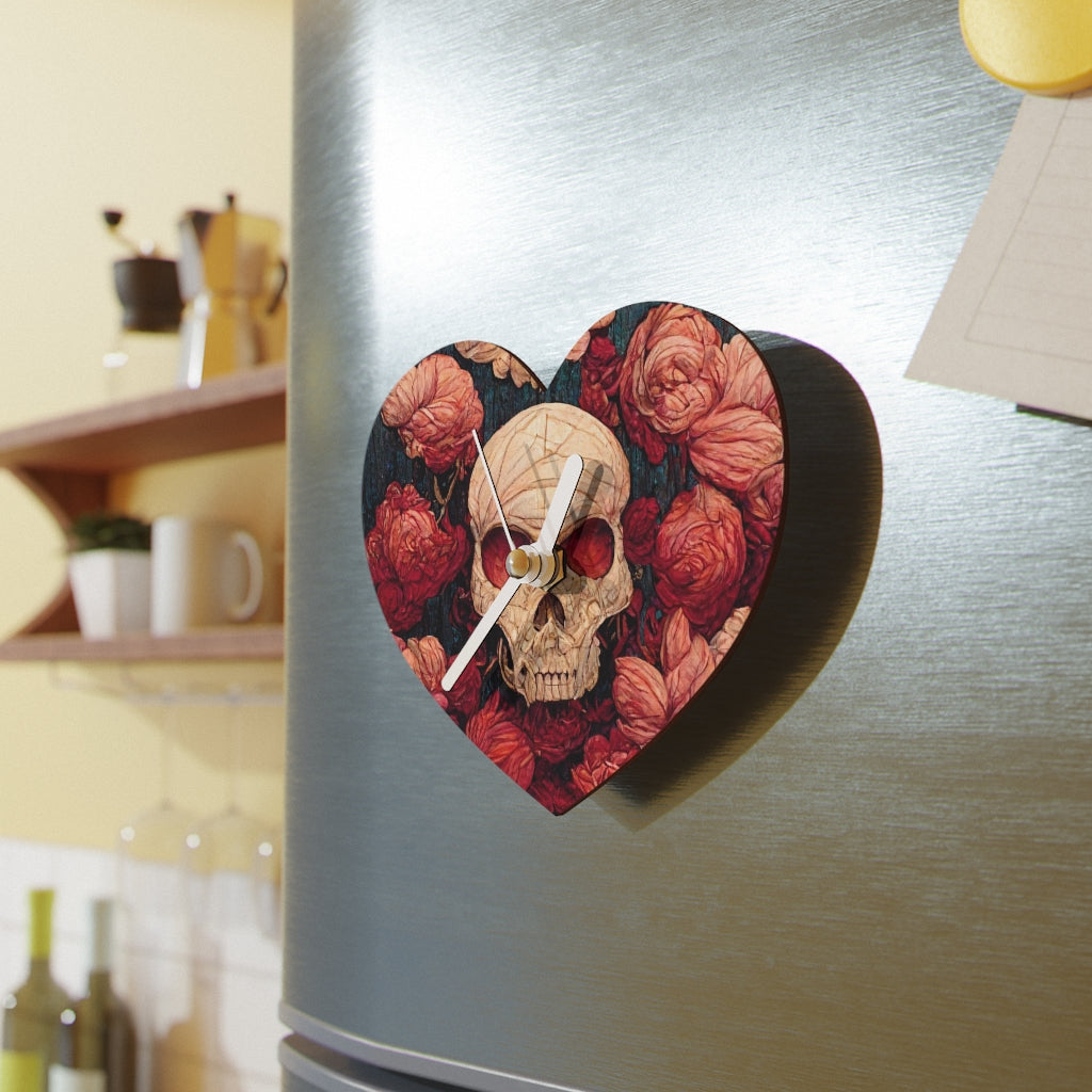 tiling pattern on wood panel of small skulls and vivid roses, gouache illustration