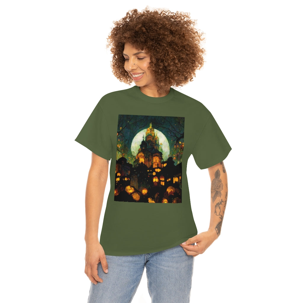 street-level_view_of_halloween_town_at_night_by_alphonse_mucha - Unisex Heavy Cotton Tee