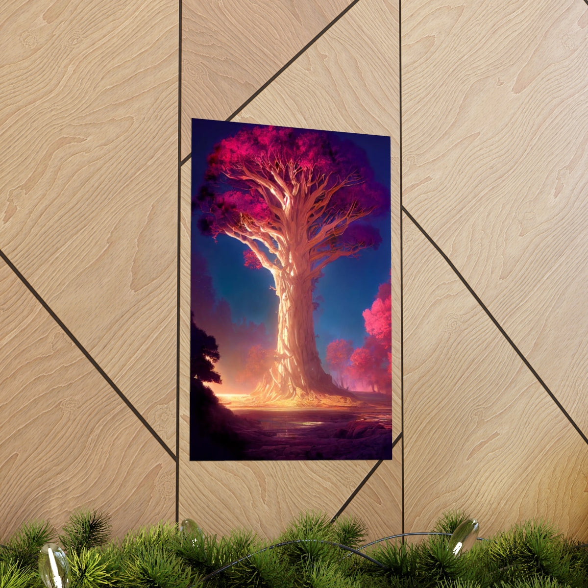 Premium Matte vertical posters - gate to a psychedelic realm, giant tree, light, highly detailed, immersive, volumetric light, detailed concept art