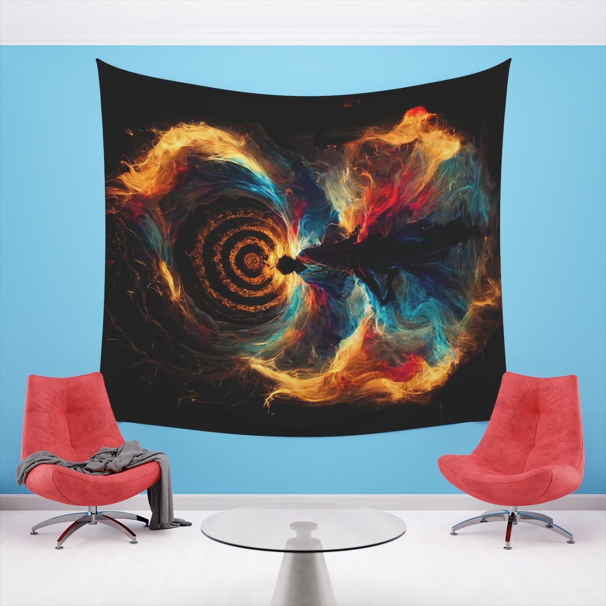 god of psychedelics dancing in a vortex made of fire - Indoor Wall Tapestries