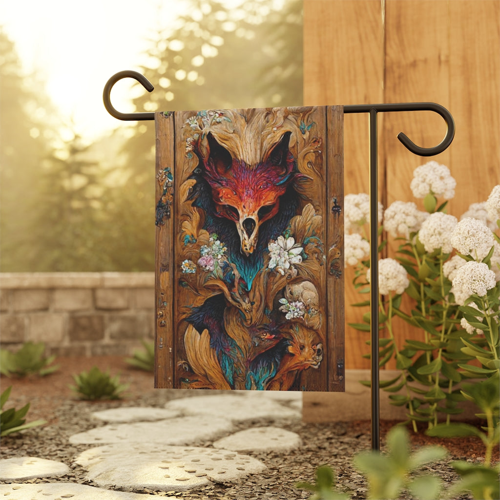 intricate colourfully painted carved wood paneling, fox and ravens, flowerpunk mythology, many hues, artstation - Garden & House Banner